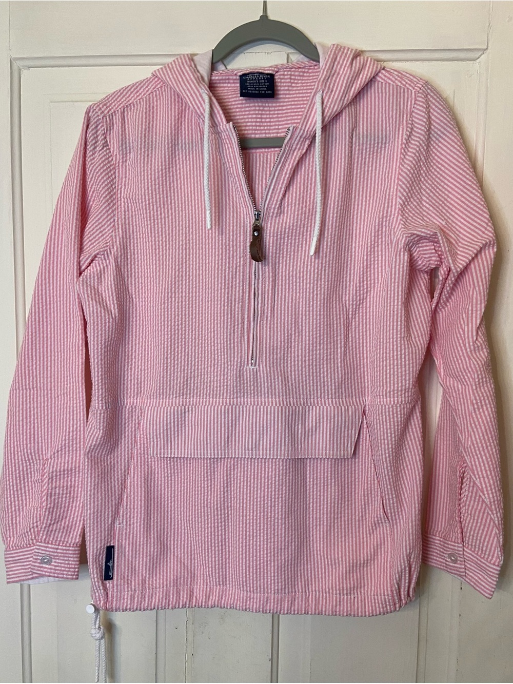 Charles River Apparel Pink Seersucker Half-Zip Hooded Pullover